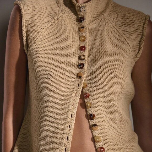 Khaki Casual Women's High Neck Knit Button Down Cap Sleeve Top - Picture 6 of 6